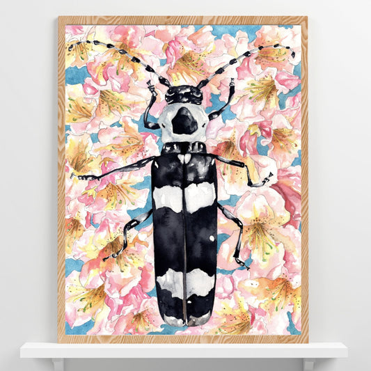 Framed artwork of a black and white beetle on a floral background