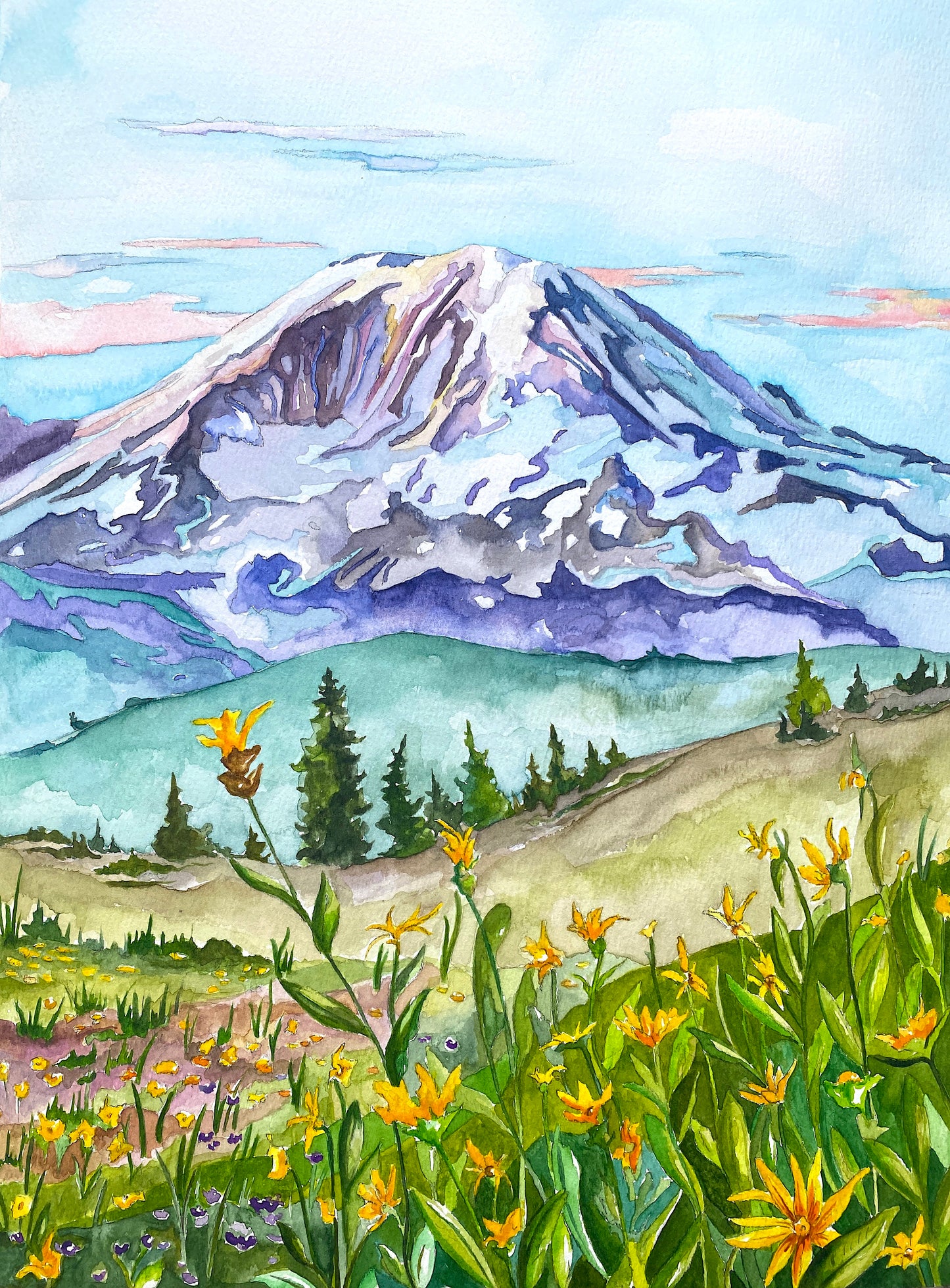 Mt. Rainier Watercolor Art Print | Washington Mountains Wall Art