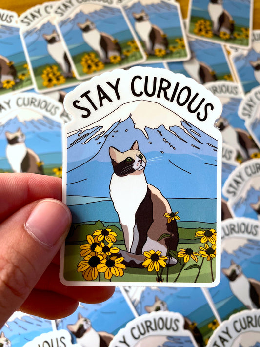 Stay Curious Cat and Mountain Sticker 2x3"