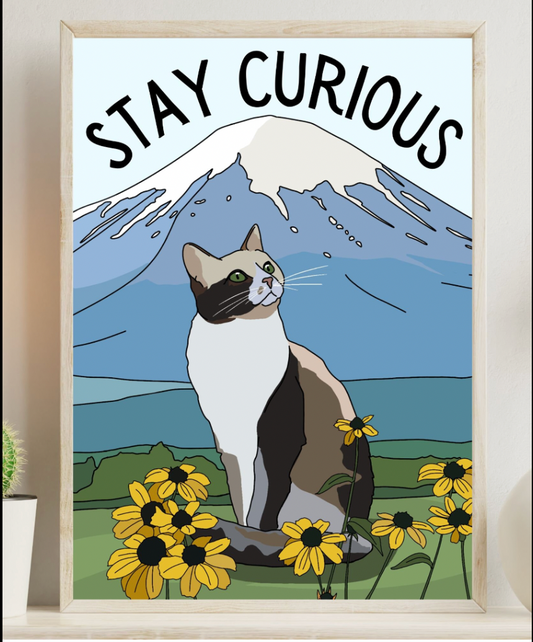 Stay Curious Cat and Mountain Poster