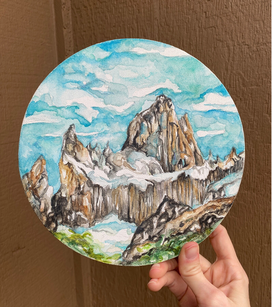 Cerro Fitz Roy Watercolor Painting on Round Canvas