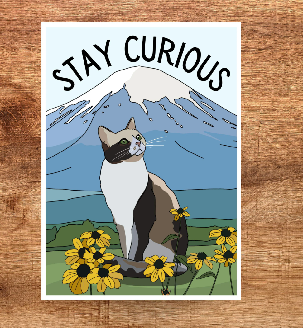 Stay Curious Cat and Mountain Sticker 2x3"