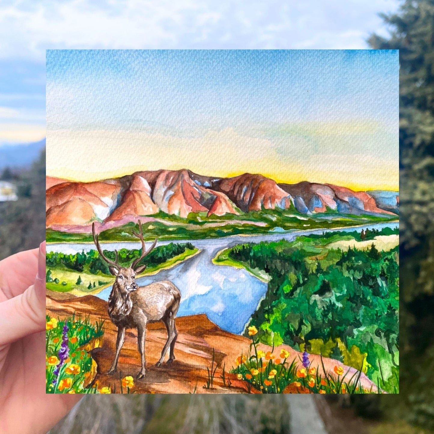 Columbia River Gorge Wood Panel Print 5x5" | Watercolor Print