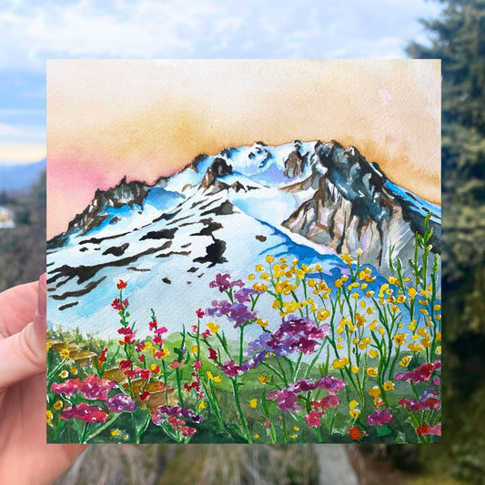 Mt. Hood Wildflowers Wood Panel Print 5x5" | Watercolor Print