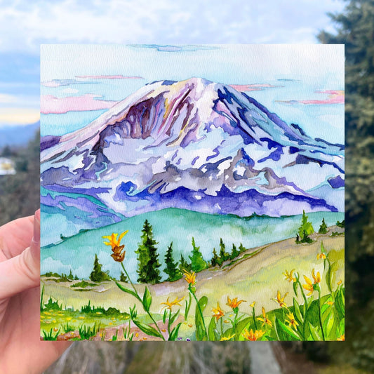 Mt. Rainier Wood Panel Print 5x5" | Watercolor Print