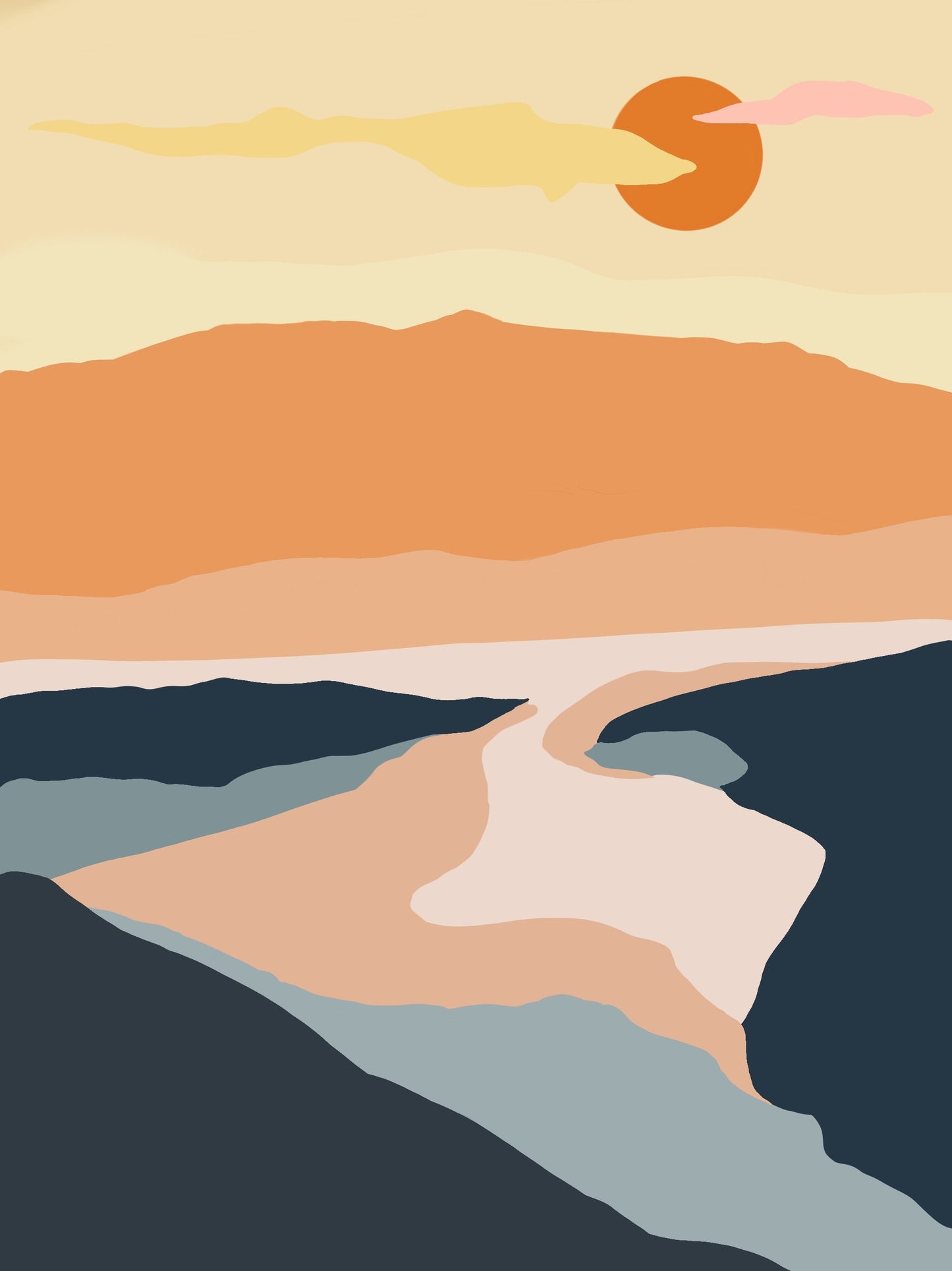 Mountain and River Landscape | Graphic Art Print