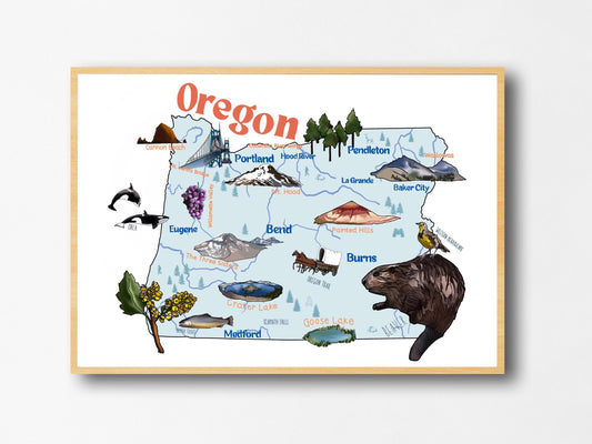 Oregon Landmarks Hand Drawn Map | Pacific Northwest Map